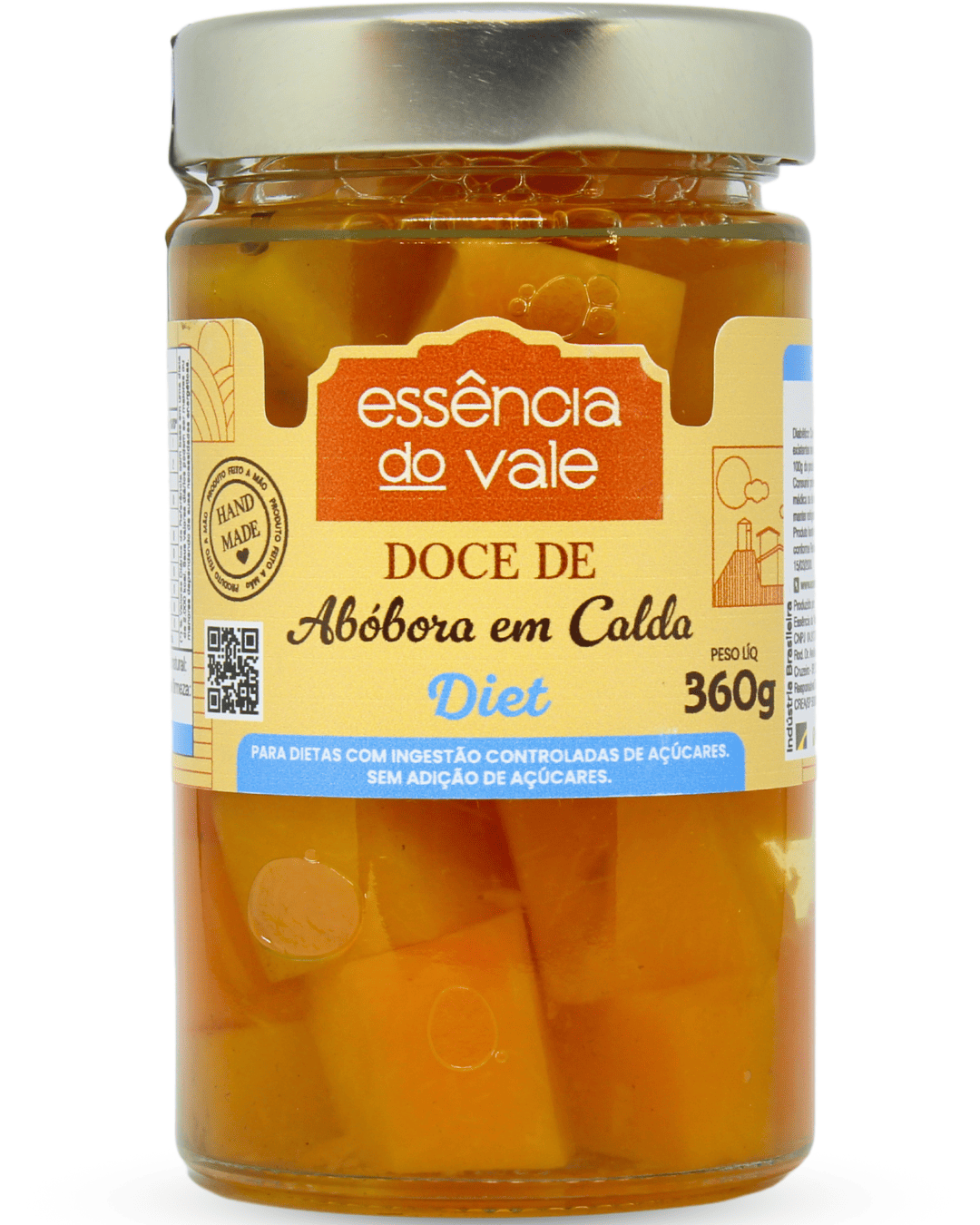 15485520018-abobora-em-calda-diet-fundo-branco.png Doce de Abóbora em Calda Diet Sem Adição de Açúcar Essência do Vale 360g - Imagem 1