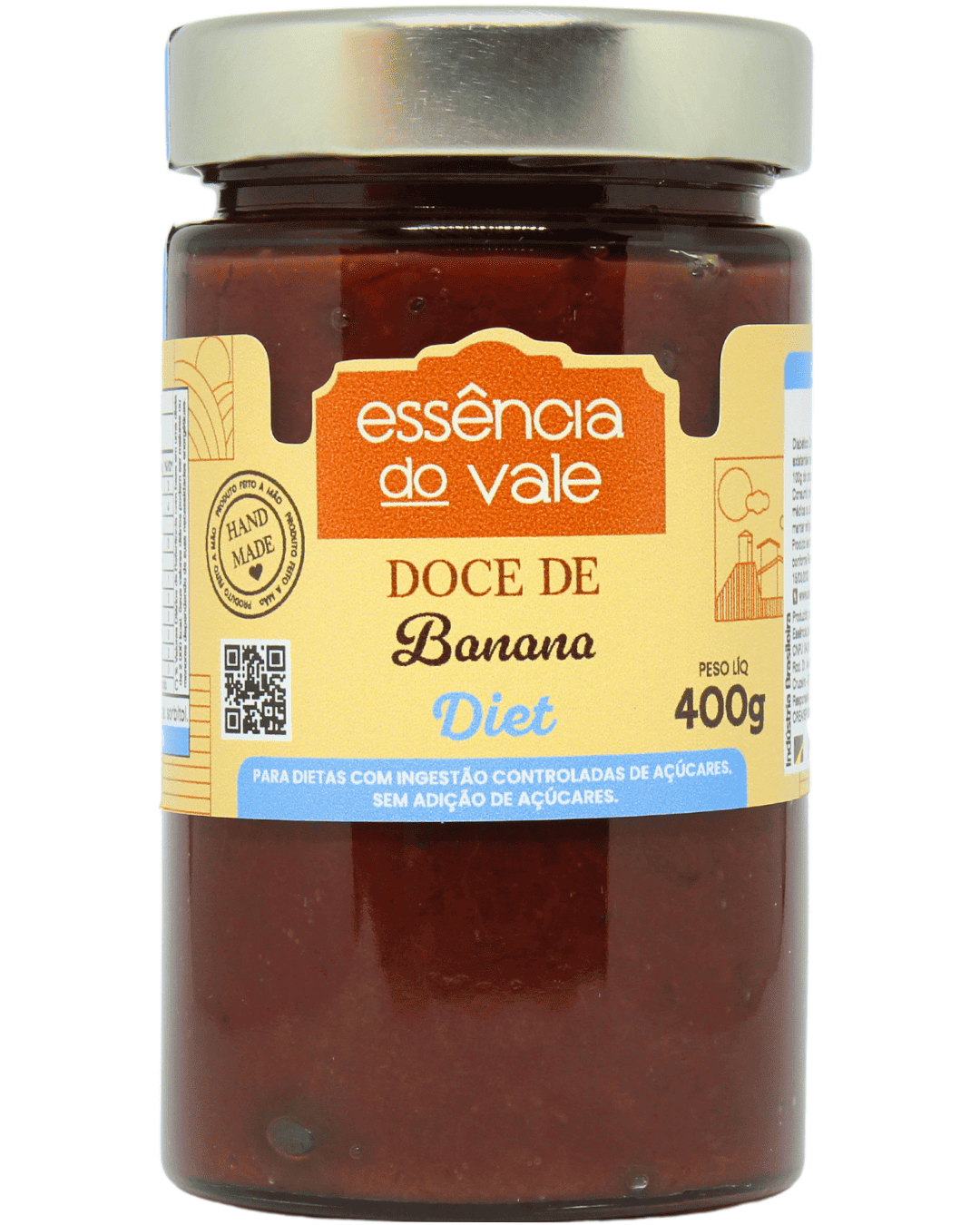15488722939-banana-diet-fundo-branco.png Doce de Banana Diet Sem Adição de Açúcar da Essência do Vale 400g - Imagem 1