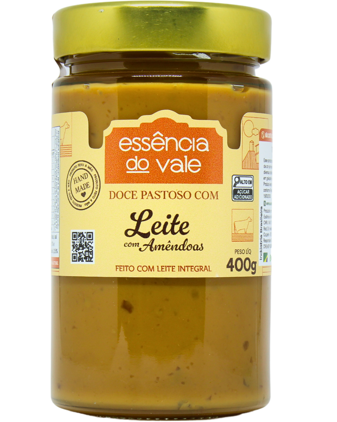 15492287777-doce-de-leite-com-amendoas-fundo-branco.png Doce Pastoso de Leite com Amêndoas Essência do Vale 400g - Imagem 1
