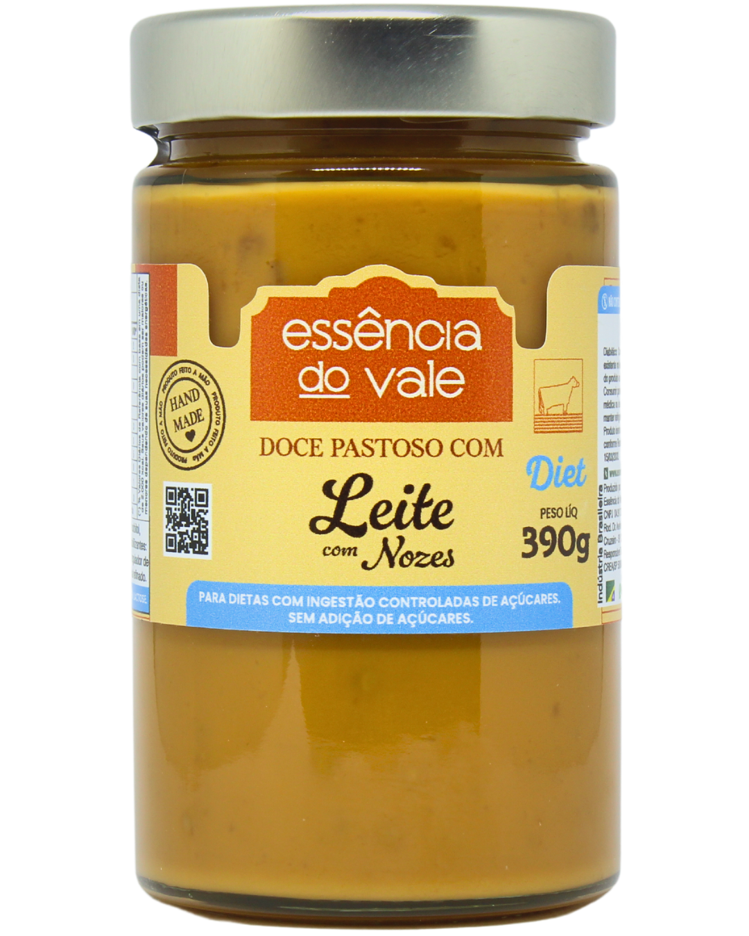 15492337499-doce-de-leite-com-nozes-fundo-branco.png Doce Pastoso de Leite com Nozes Diet Sem Adição de Açúcar Essência do Vale 390g - Imagem 1