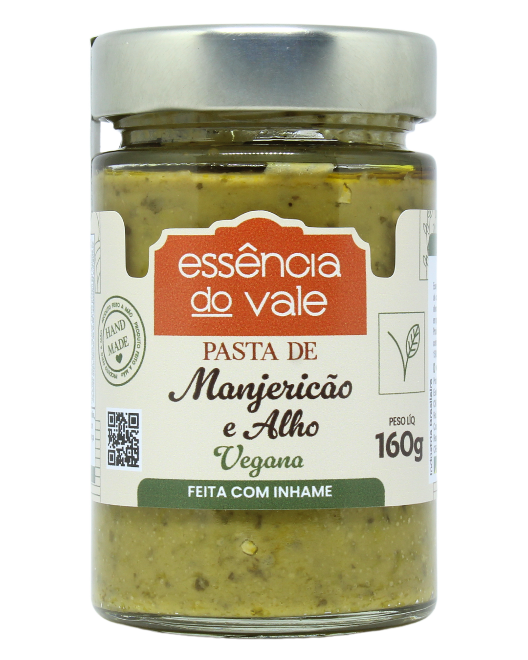 15492524056-pasta-de-manjericao-e-alho-vegana-fundo-branco.png Pasta Vegana de Manjericão e Alho Essência do Vale 160g - Imagem 1