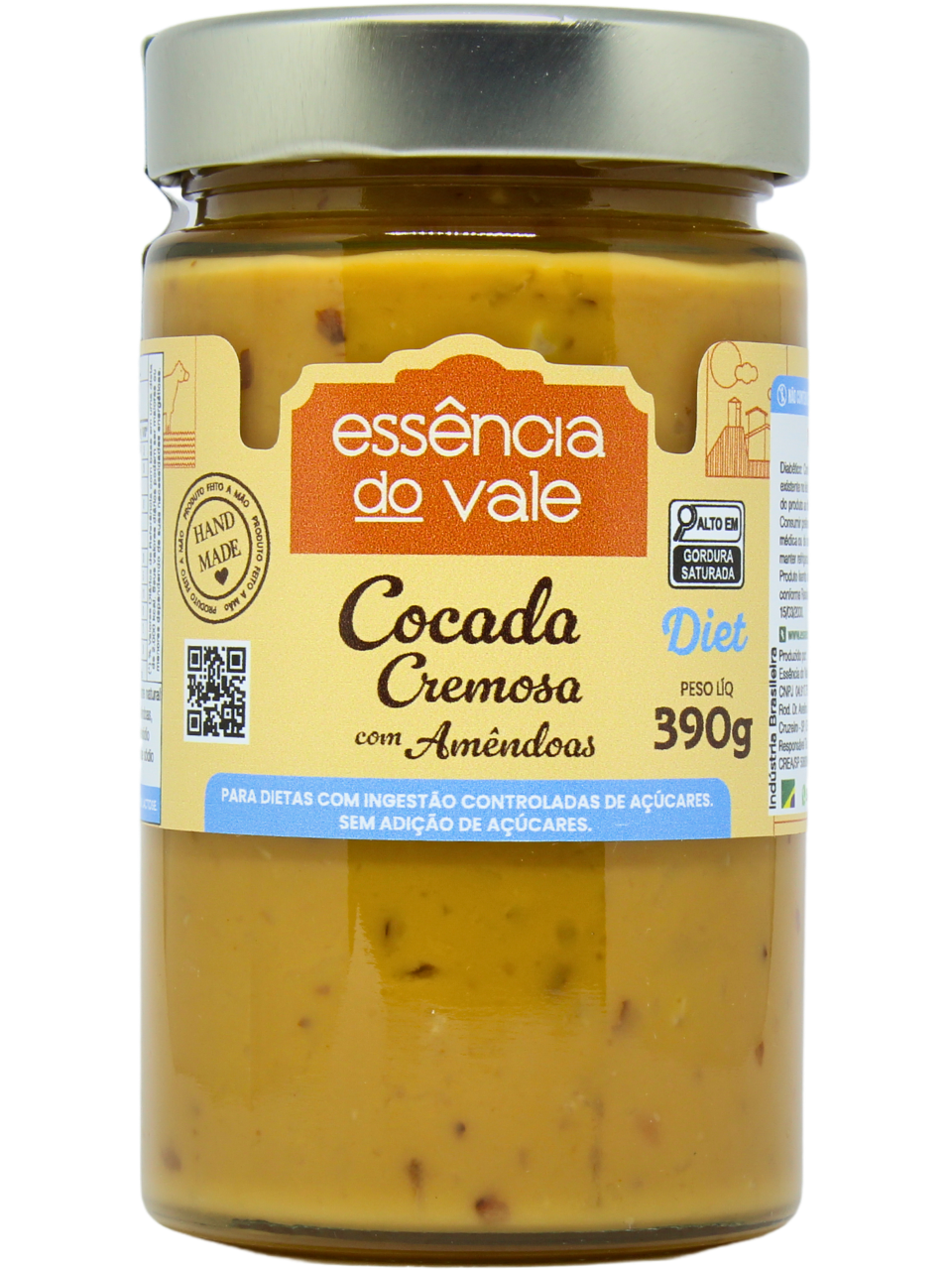 15493418257-cocada-cremosa-com-amendoas-diet-fundo-branco.png Cocada Cremosa com Amêndoas Diet Sem Adição de Açúcar Essência do Vale 390g - Imagem 1