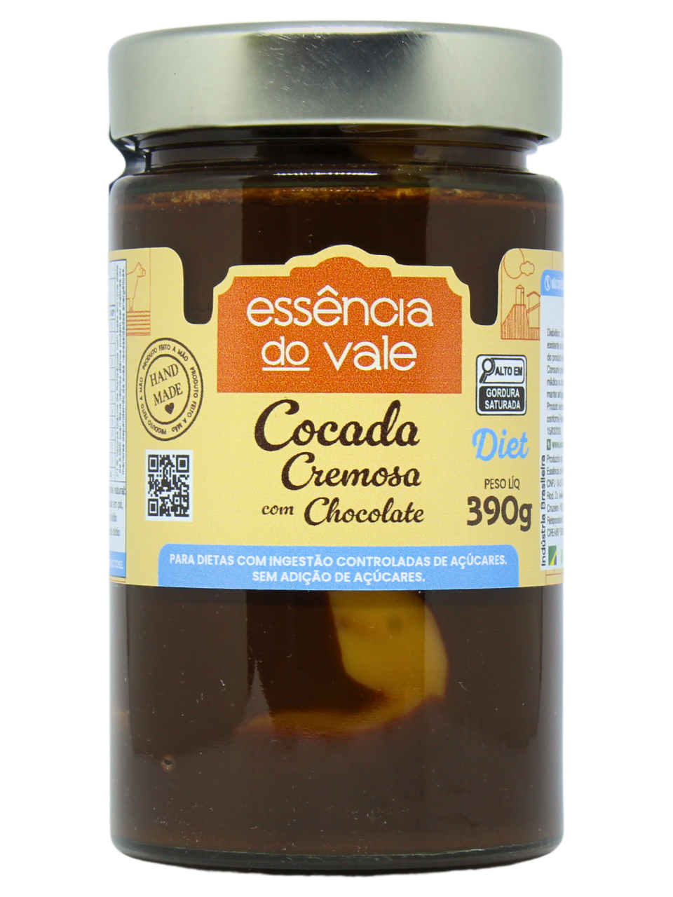 15493418539-cocada-cremosa-com-chocolate-diet-fundo-branco.png Cocada Cremosa com Chocolate Diet Sem Adição de Açúcar Essência do Vale 390g - Imagem 1